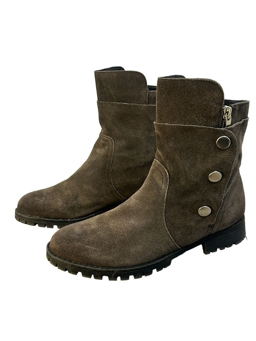 Chinese Laundry Farfetch Distress Grey Brown suede button zipper Boots Sz 6.5